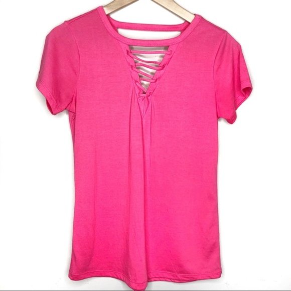 RBX Active Short Sleeve T-shirt Hot Pink Lace-Up Cut-Out Athleisure Top - Picture 2 of 6